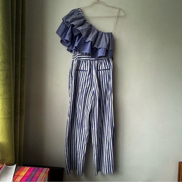 J. Crew One-shoulder Ruffle Jumpsuit in Blue & White Mixed Stripe 0 - Picture 7 of 7